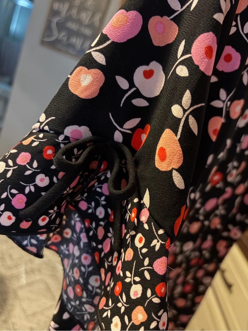 Talbots Floral Flounce Hem Dress Pink Red Black Ruffle Sleeve 10P Petite - Picture 7 of 10